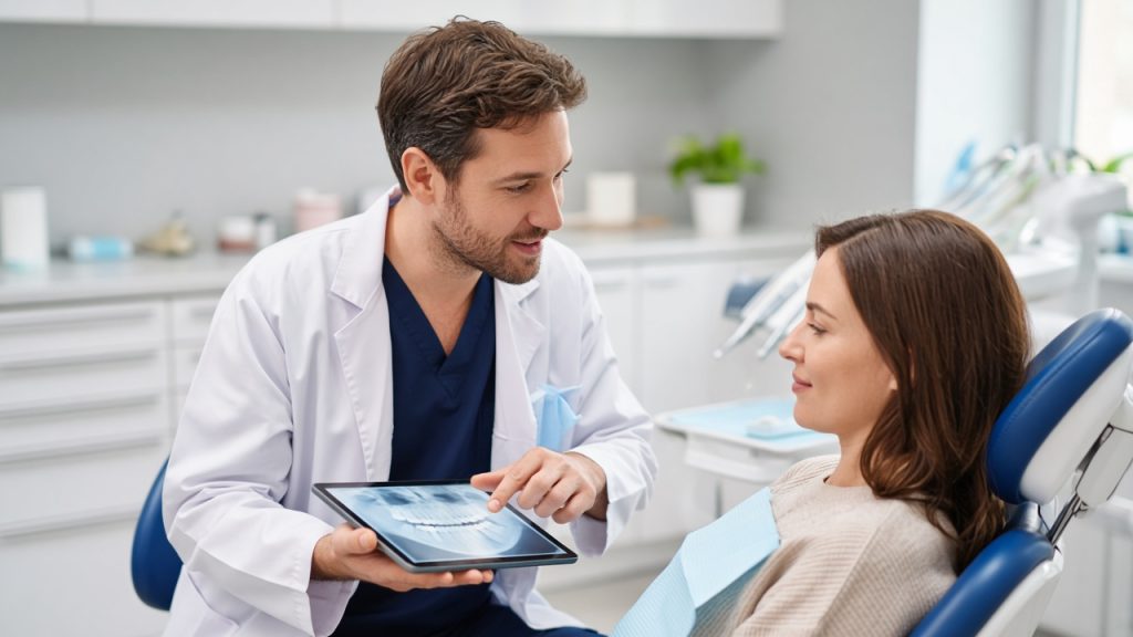 Stomatolog objašnjava pacijentu njegu nakon ugradnje implantata